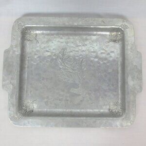 Vintage Farberware Square Tray Wrought Hammered Aluminum Etched Acorns & Leaves